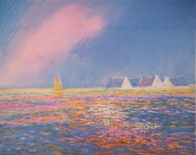 Claude MANOUKIAN - Bretagne : Coucher de soleil en bord de mer - Lithographie originale, Signée 2