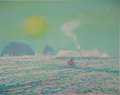 Claude MANOUKIAN - Normandie : Champ sous la neige - Lithographie originale, Signée 2