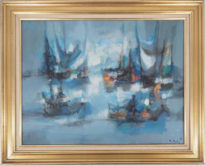 Marcel MOULY : Bateaux, les voiles bleues, 1966 - Huile sur toile signée 2