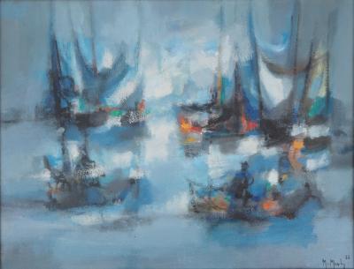 Marcel MOULY : Bateaux, les voiles bleues, 1966 - Huile sur toile signée 2