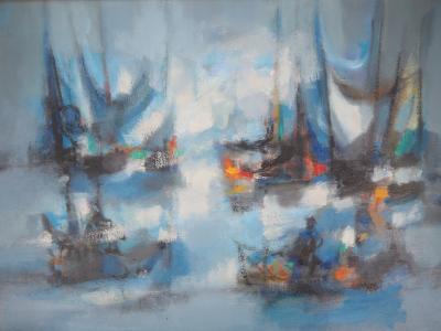 Marcel MOULY : Bateaux, les voiles bleues, 1966 - Huile sur toile signée 2