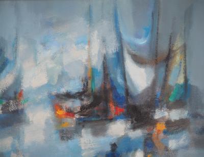 Marcel MOULY : Bateaux, les voiles bleues, 1966 - Huile sur toile signée 2