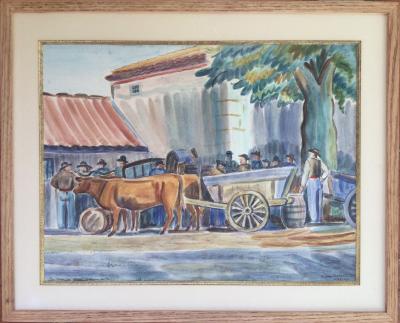 Lucien GIBERT - Saint-Nizier, foire, l’arrivée du vin, 1949 - Aquarelle signée 2