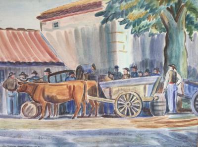 Lucien GIBERT - Saint-Nizier, foire, l’arrivée du vin, 1949 - Aquarelle signée 2