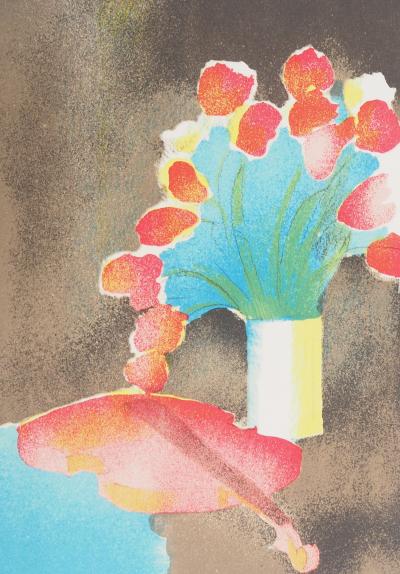 Paul GUIRAMAND : Bouquet de tulipes et le violon - Lithographie originale signée 2