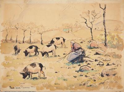Paul-Emile PISSARRO : La paysanne et ses cochons - Aquarelle originale signée 2