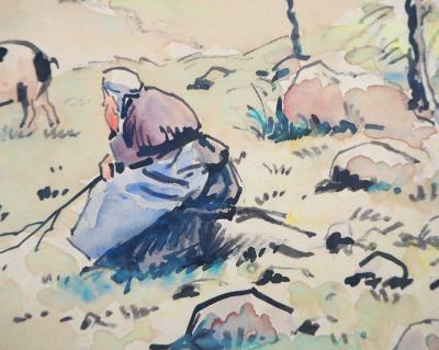 Paul-Emile PISSARRO : La paysanne et ses cochons - Aquarelle originale signée 2