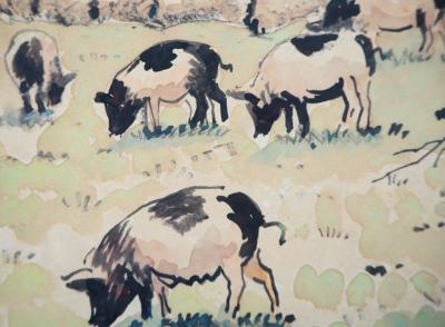 Paul-Emile PISSARRO : La paysanne et ses cochons - Aquarelle originale signée 2