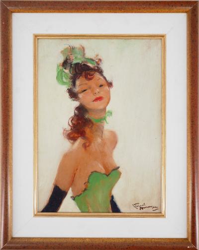 Jean-Gabriel DOMERGUE : Jeune femme en vert - Huile sur panneau signée 2