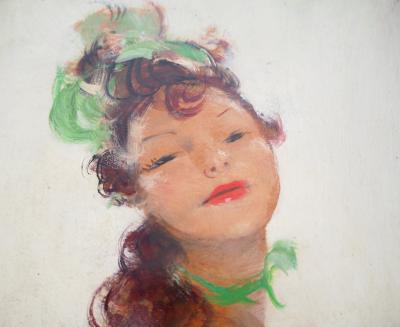 Jean-Gabriel DOMERGUE : Jeune femme en vert - Huile sur panneau signée 2