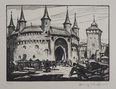 Henry CHEFFER : Pologne: Cracovie. Le Rondel, Château, 1924 - Bois gravé original signé 2
