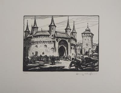 Henry CHEFFER : Pologne: Cracovie. Le Rondel, Château, 1924 - Bois gravé original signé 2
