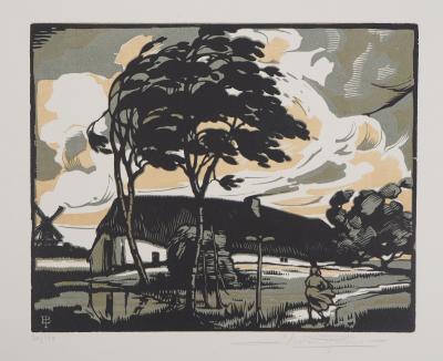 Eduard PELLENS : Le Coup de vent, 1924 - Bois gravé original signé 2