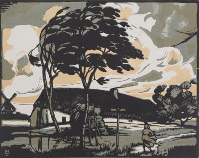 Eduard PELLENS : Le Coup de vent, 1924 - Bois gravé original signé 2