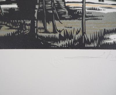 Eduard PELLENS : Le Coup de vent, 1924 - Bois gravé original signé 2
