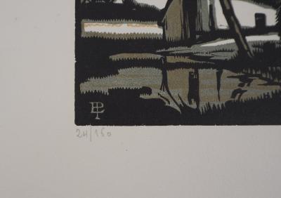 Eduard PELLENS : Le Coup de vent, 1924 - Bois gravé original signé 2