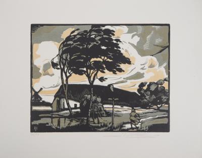 Eduard PELLENS : Le Coup de vent, 1924 - Bois gravé original signé 2