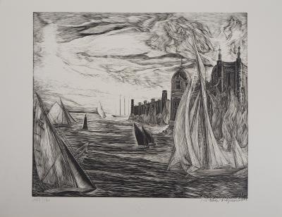 Herbert LESPINASSE - Argosie, Palais au bord de la mer, 1924 - Bois gravé original signé 2
