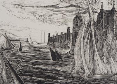 Herbert LESPINASSE - Argosie, Palais au bord de la mer, 1924 - Bois gravé original signé 2