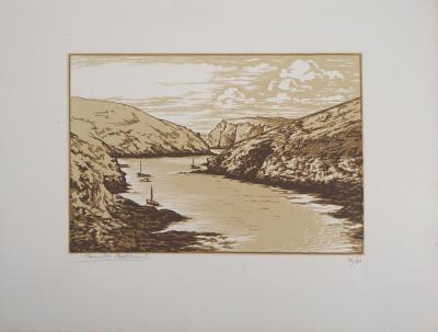 Camille BELTRAND : Port du Vieux Château (Belle-Isle), 1929 - Bois gravé original signé 2