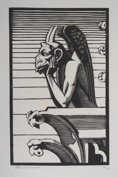 Georges LEMOINE : Le Stryge de Notre-Dame de Paris, 1929 - Bois gravé original signé 2