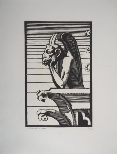 Georges LEMOINE : Le Stryge de Notre-Dame de Paris, 1929 - Bois gravé original signé 2