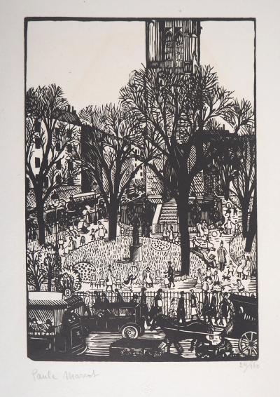 Paule MARROT : Paris : Le Square de la Tour St-Jacques, 1929 - Bois gravé original signé 2