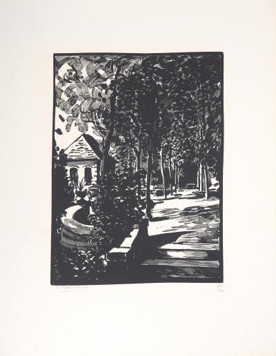 Jules Léon PERRICHON : La Terrasse du pavillon Gustave Flaubert, 1923 - Bois gravé original signé 2