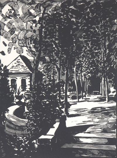 Jules Léon PERRICHON : La Terrasse du pavillon Gustave Flaubert, 1923 - Bois gravé original signé 2