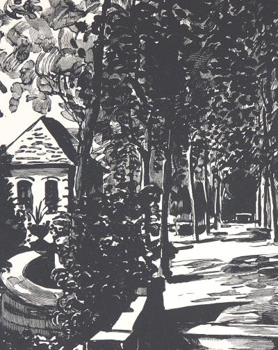 Jules Léon PERRICHON : La Terrasse du pavillon Gustave Flaubert, 1923 - Bois gravé original signé 2