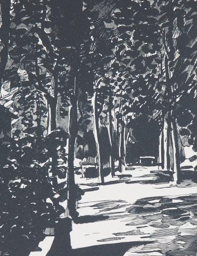 Jules Léon PERRICHON : La Terrasse du pavillon Gustave Flaubert, 1923 - Bois gravé original signé 2