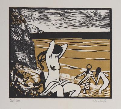 CARLEGLE : Baigneuses, 1929 - Bois gravé original signé 2