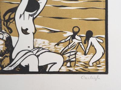 CARLEGLE : Baigneuses, 1929 - Bois gravé original signé 2