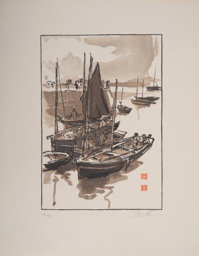 Jules CHADEL : Bretagne : Douarnenez, Voilier, 1924 - Bois gravé original signé 2
