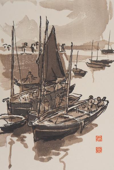 Jules CHADEL : Bretagne : Douarnenez, Voilier, 1924 - Bois gravé original signé 2