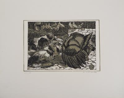 Mathurin MEHEUT : Cour de ferme, 1924 - Bois gravé original signé 2