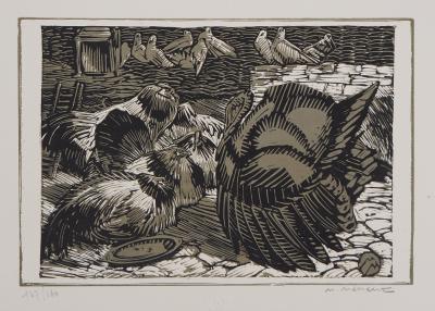 Mathurin MEHEUT : Cour de ferme, 1924 - Bois gravé original signé 2