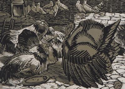 Mathurin MEHEUT : Cour de ferme, 1924 - Bois gravé original signé 2