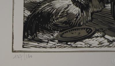 Mathurin MEHEUT : Cour de ferme, 1924 - Bois gravé original signé 2
