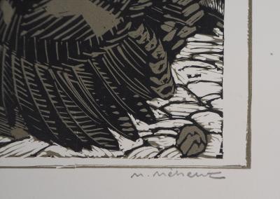 Mathurin MEHEUT : Cour de ferme, 1924 - Bois gravé original signé 2