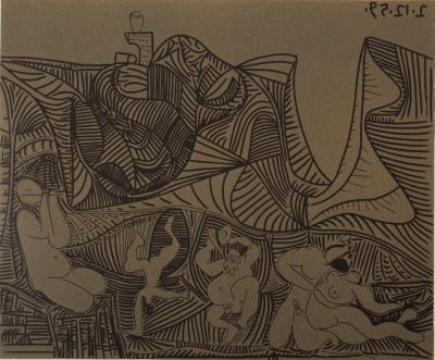 Pablo PICASSO : Bacchanale, Danse de nuit au hibou - Linogravure (1962) 2