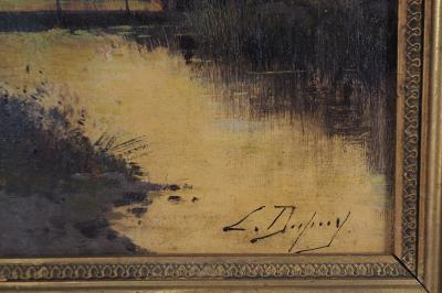 Eugène GALIEN-LALOUE : Chemin de halage et pont au petit matin - Huile sur panneau Signée 2