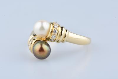 Bague « Toi & Moi » Or Jaune 18 Carats Avec Diamants Et Perles - Taille 51, Occasion Très Bon état