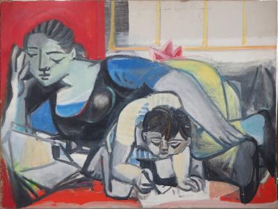 Carlos CARNERO - Hommage à Picasso : Françoise et Claude - Huile sur toile, Signée 2