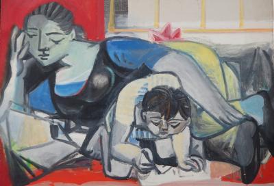 Carlos CARNERO - Hommage à Picasso : Françoise et Claude - Huile sur toile, Signée 2