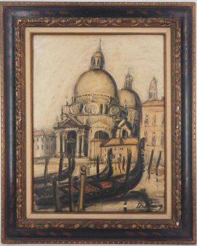 Franz PRIKING - Venise : Santa Maria della Salute et gondoles - Huile sur toile Signée 2