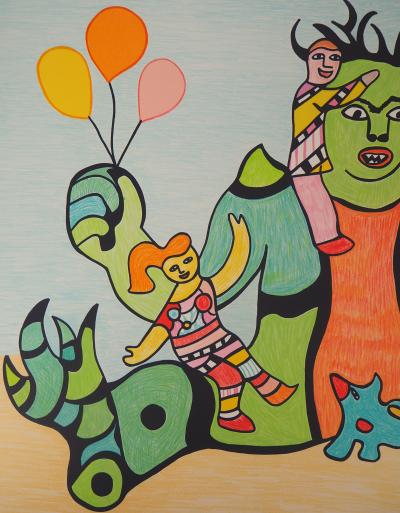 Niki DE SAINT PHALLE  - Monstre vert et enfants joyeux, 1995 - Lithographie originale signée au crayon 2