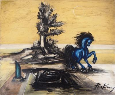 Franz PRIKING - Paysage au cheval bleu - Huile sur toile originale signée 2