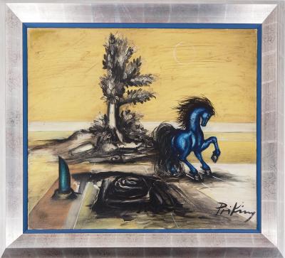 Franz PRIKING - Paysage au cheval bleu - Huile sur toile originale signée 2