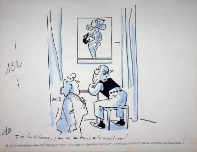 Guy VALLS : Derrière les rideaux - Dessin original signé 2